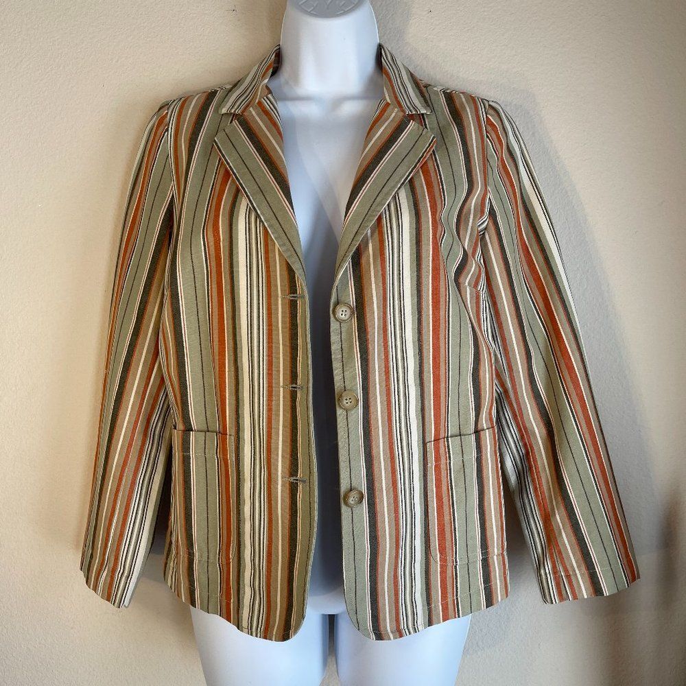 Vintage Cotton striped blazer jacket Karen Kane M olive tan orange brown